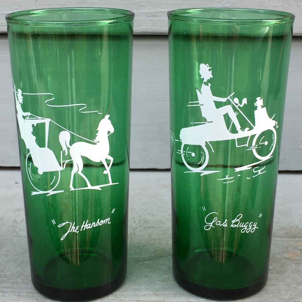 Two Vtg Forest Green Tall Glasses Tumblers HANSOM + GAS BUGGY Anchor Hocking